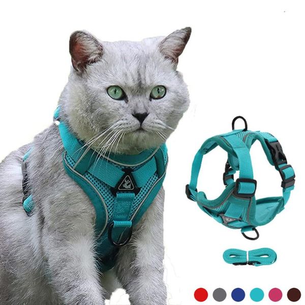 

cat collars & leads harness escape proof breathable and leash for walking outdoor easy control pet dog reflective