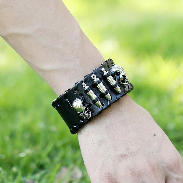 

tennis 2021 trendy men's bracelet punk rock wide genuine leather wrap tide men black wristband bangle jewelry, Golden;silver