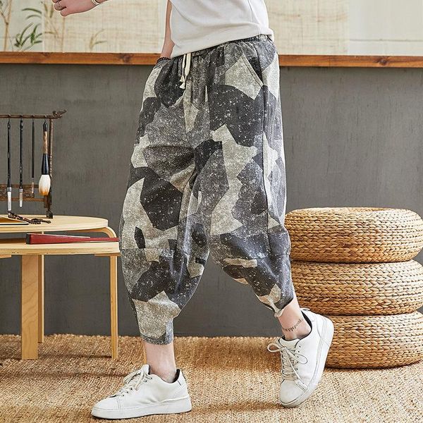 

summer men's cotton and linen casual loose trend sports harlan seven points pants large size hip hop, Black