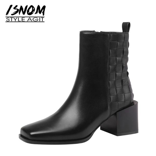 

boots isnom genuine leather ankle side zipper woven bootie women winter fashion square toe chunky high heel, Black