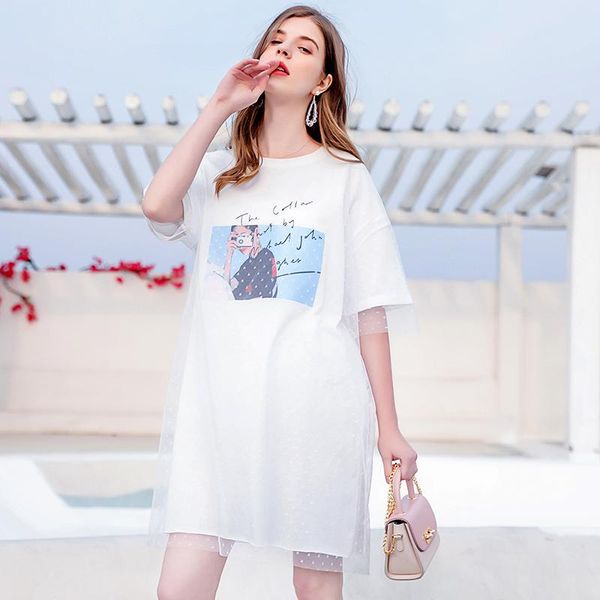 

maternity dresses cotton pregnant women's long t-shirt loose two piece net yarn pure white casual dress summer short sleeve