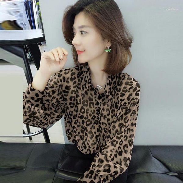 

women's polos spring and autumn fashion printed loose chiffon leopard shirt women, White
