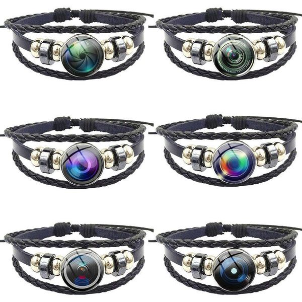 

charm bracelets camera lens for women choker black leather bracelet bangle round glass cabochon friendship gift jewelry, Golden;silver