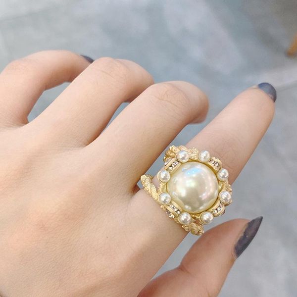 

cluster rings fashion vintage elegant golden large pearl zircon hollow opening ring for women girl party travel jewelry gift, Golden;silver