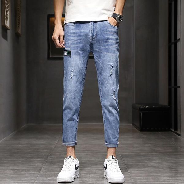 

men's jeans skinny mens 2021 fashion designer elastic straight stretch ripped denim trousers blue slim fit for men pantalones