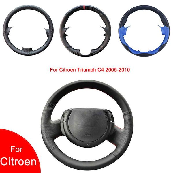 

steering wheel covers breathable punch hand-stitched black artificial leather car cover for c4 2005-2010