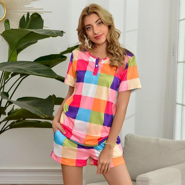 

women's tracksuits casual two-piece set home women pant suit rainbow plaid o-neck t shirt elastic waist shorts summer pants suits beach, Gray