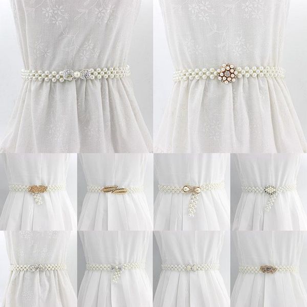 

belts rhinestone pearls waist for women dress decoration waistbands elastic buckle faux pearl beaded girdle female girls, Black;brown