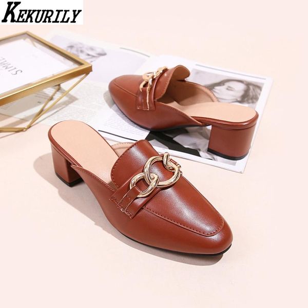 

square toe mules women metal decoration chunky heels slippers slip on leather shoes casual shallow slides zapatos de mujer, Black