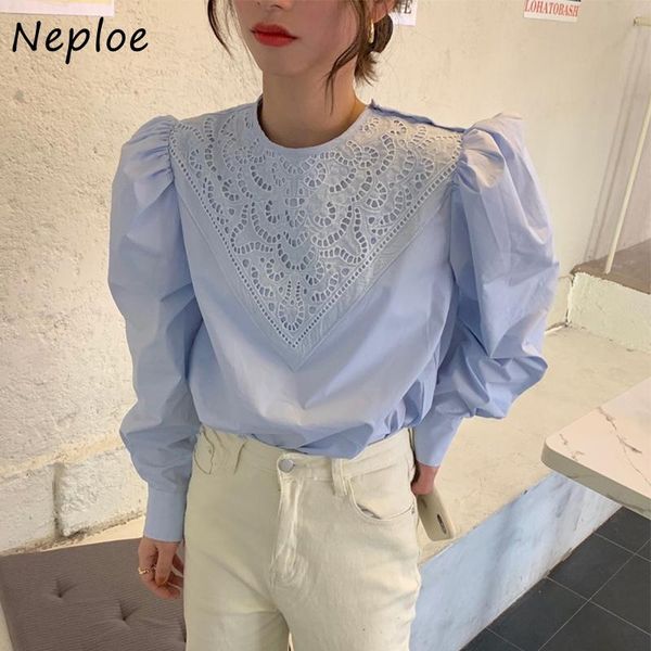 

women's blouses & shirts neploe heavy work lace patchwork hook flower blouse women o neck puff long sleeve pullover blusas spring 2021, White