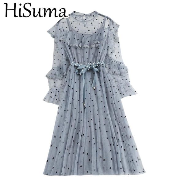 

casual dresses 2021 spring flare sleeve women pleated tulle bow dress lady pearl bead bandage strap polka dot mesh gauze ruffle midi chic, Black;gray