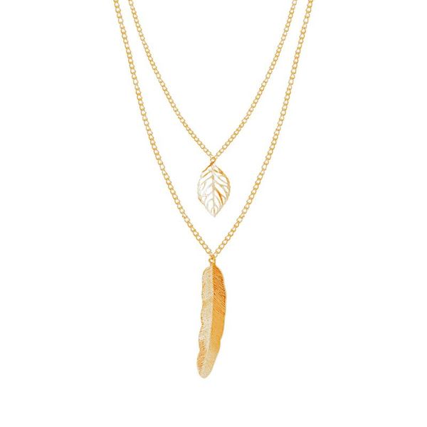 

pendant necklaces metal leaf feather necklace women clothing accessories double clavicle chain fashion jewelry for 2021 party, Silver