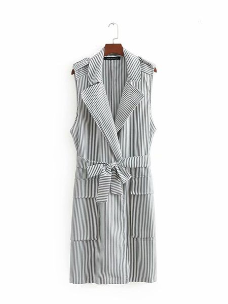 

women white striped loose spring autumn fashion sleeveless cardigan coat womans vintage casual trench female, Black