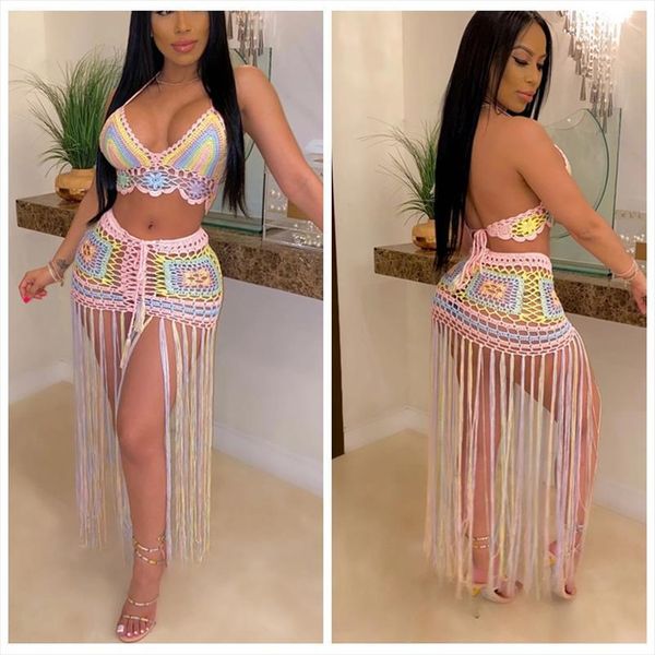 

crochet knitted beach womens dresses crop long tassel skirts bikini cover up robe de plage 2pcs set, Black;gray