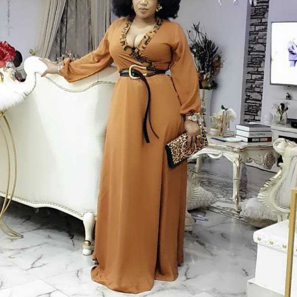 

two piece dress plus size swing women long lantern sleeve with waist belt v neck leopard print patchwork african female large ladi, White