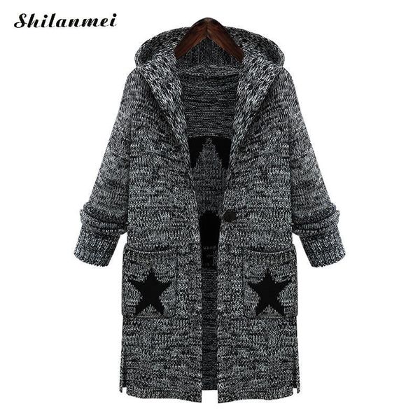 

women's sweaters big size hooded cardigan 2021 autumn winter pockets stars printed casual knitted long sweater coat loose knitting wome, White;black