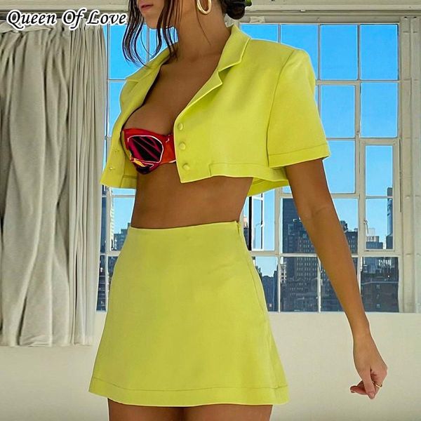 

women's tracksuits long sleeve crop skirt outfits 2021 fashion elegant streetwear 2 piece women short blazer skirts matching set y2, Gray