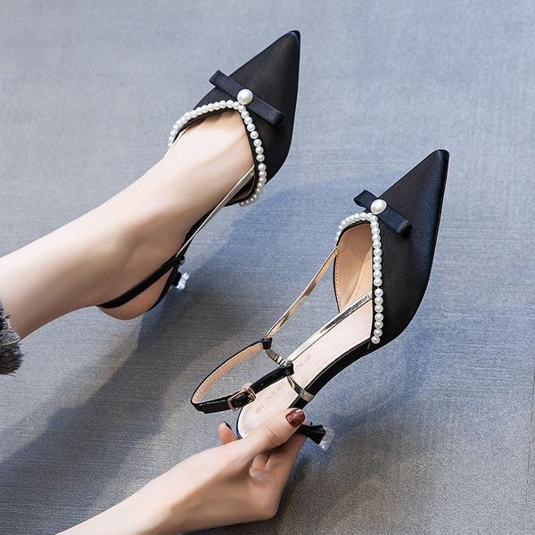 

sandals sweet pearl bowknot women pointed bag toe low heel slip-on buckle female shoes party fine summer ladies pumps, Black