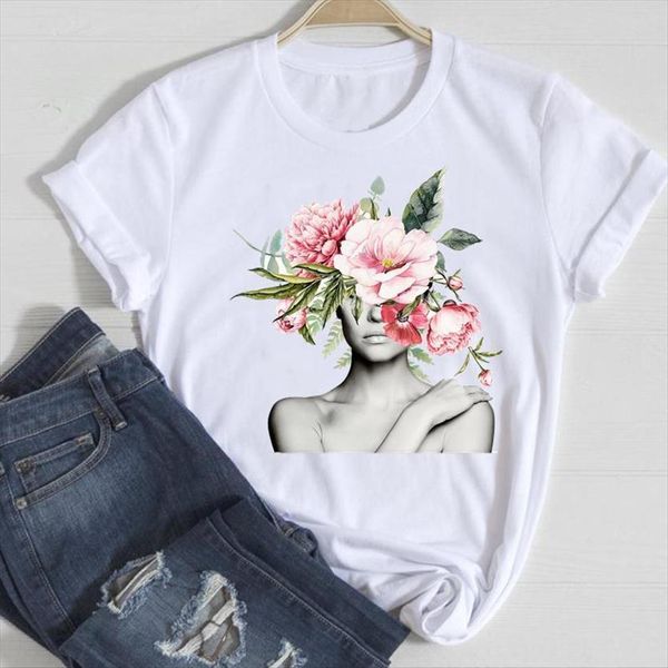 

watercolor floral flower o neck womens t shirts fashion cartoon summer graphic lady print tee female tshirts clothes shirt, White
