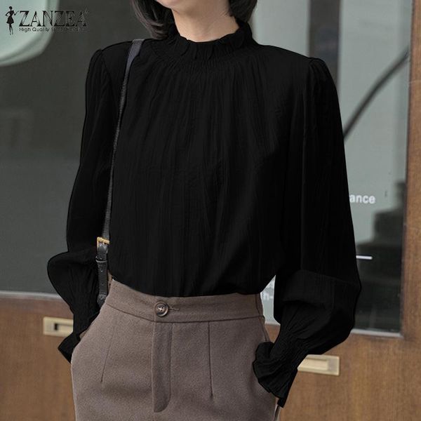 

women's blouses & shirts fashion autumn puff sleeve zanzea 2021 casual stand collar blusas female pleated solid ol chemise oversize, White