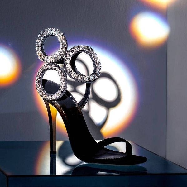 

slippers woman shoes round crystal strap buckle summer sandals rhinestones high heels wedding party shoes scz1, Black