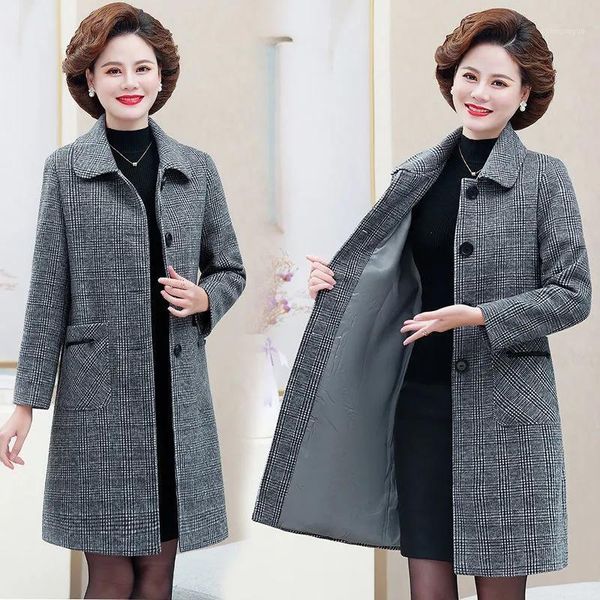 

women's wool & blends autumn winter 2021 middle-aged woolen coat women lattice windbreaker female lapel long sleeve ladies jacket, Black