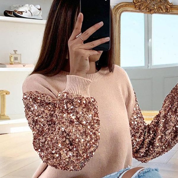 

women blouses shirt and blouse sequin ladies tee autumn winter lantern long sleeve o neck camisera mujer d30, White