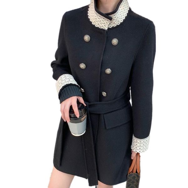 

women's wool & blends heavy industry winter double-sided contrast color woolen coat women lace stitching stand-up court style outwear, Black