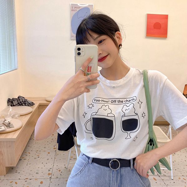 

summer preppy style cartoon bear print short sleeve t-shirt womens tees shirt femme (f4308) 210423, White