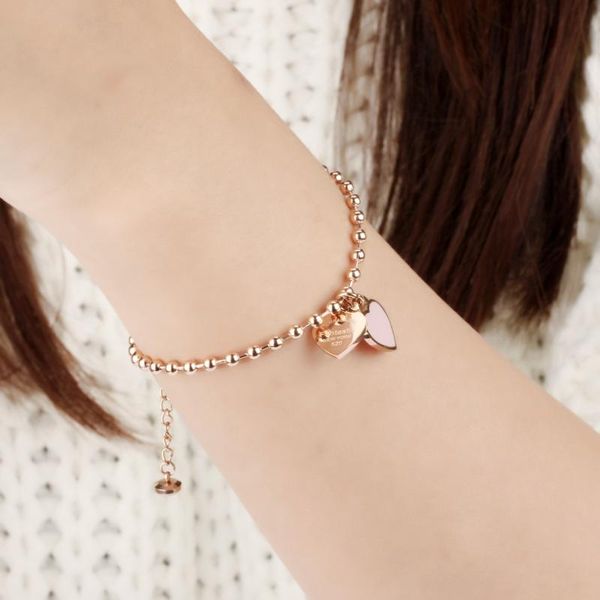 

charm bracelets korean version double love pendant foot chain titanium steel plated rose gold female pearl accessories, Golden;silver