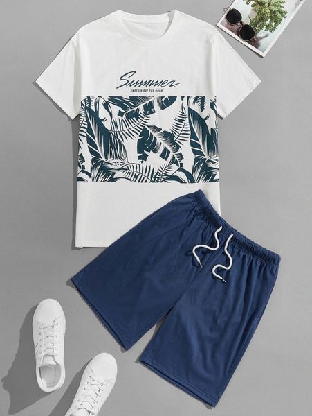 

men tropical tee & drawstring waist shorts n7d9#, Gray