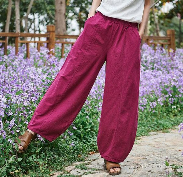 

women's pants & capris women loose solid color 2021 autumn summer cotton linen thin elastic waist pockets casual big size trousers, Black;white