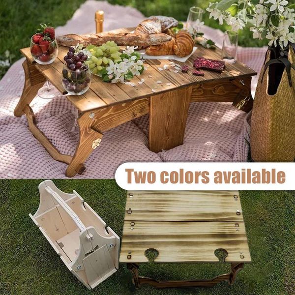 

camp furniture 2 in1 multifunctional wood desk storage basket folding picnic table portable outdoor snack and wine for beach camping