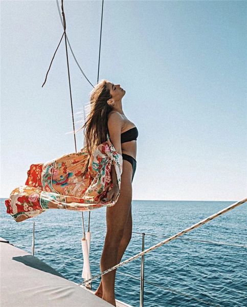 

women's swimwear vintage print floral beach cover up summer bikini outerwear flare sleeve oversize bohemian long cardigans jz37, White;black