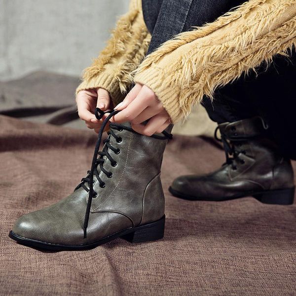 

boots ymechic plus size lace up ankle combat for women black winter shoes med chunky heels short knight motorcycle biker 1 14mq