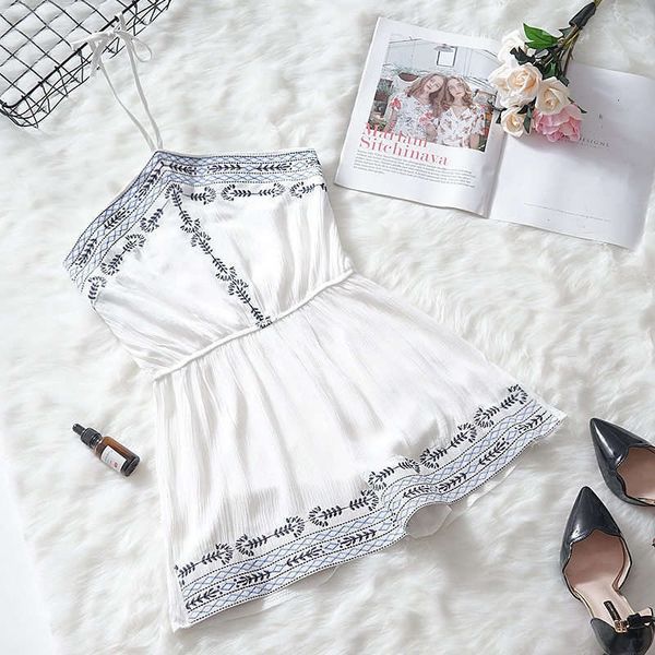 

dresses line collar casual thai brand same national style embroidery hanging neck off shoulder one piece shorts high waist fashion, Black;gray
