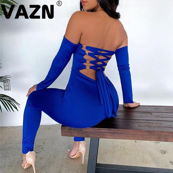 

women's jumpsuits & rompers vazn bandage bodycon off shoulder casual for women solid blue shinny lady young jumpsuit, Black;white