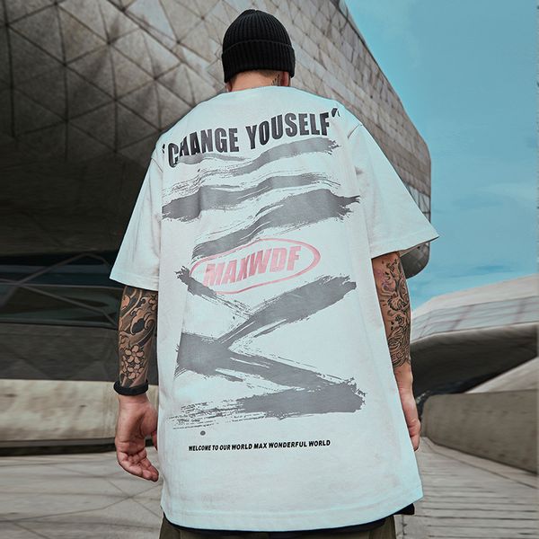 

ins national hip hop graffiti short men's fashion hiphop trend loose print half sleeve t-shirt, White;black