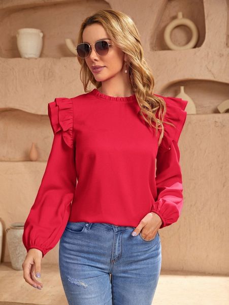 

ruffle trim bishop sleeve blouse g4xs#, White