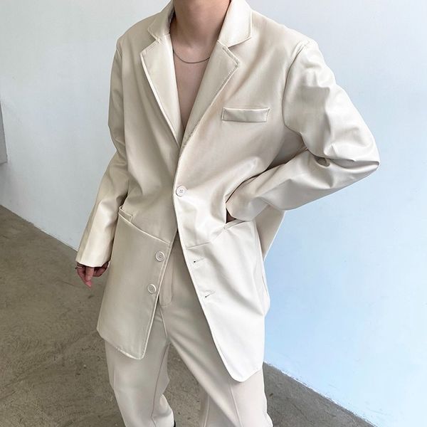

menswear korean style beige pu leather blazers men's new loose lapel single breasted long sleeve suit jacket autumn 2021, White;black