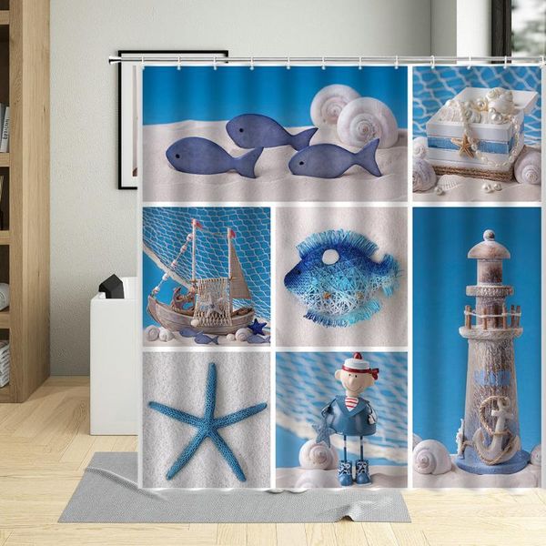 

shower curtains lighthouse curtain nautical marine fishing net sea stars shells bathroom bathtub polyester fabric screen