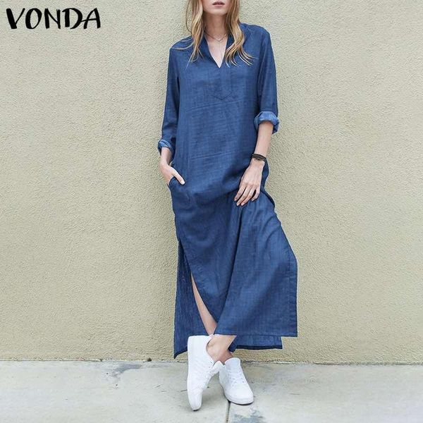 

colors vonda women denim dress with pockets summer v neck long sleeve side slit bohemian vestido s-5xl holiday sundress casual dresses, Black;gray