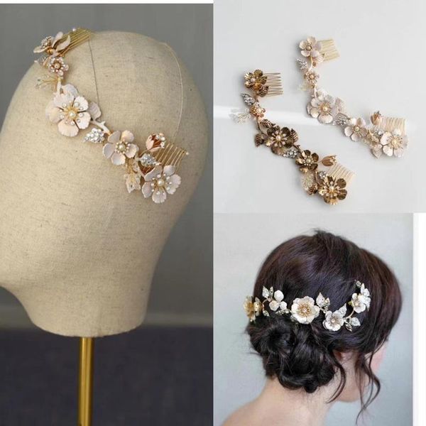 

hair clips & barrettes baroque long combs flower leaf head piece crystal pearl headdress brides hairpins bridal accessories wedding jewelry, Golden;silver