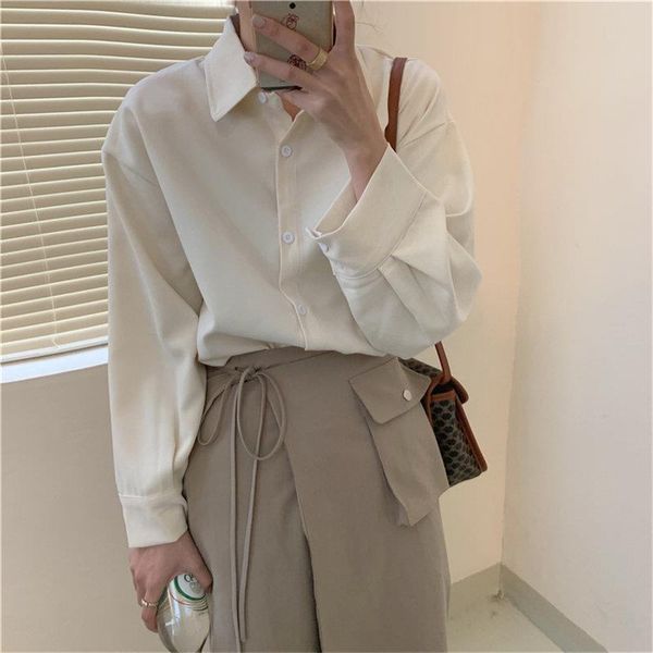 

chic women shirt design all match full sleeved stylish loose solid office lady casual soft brief shirts 8 colors, White