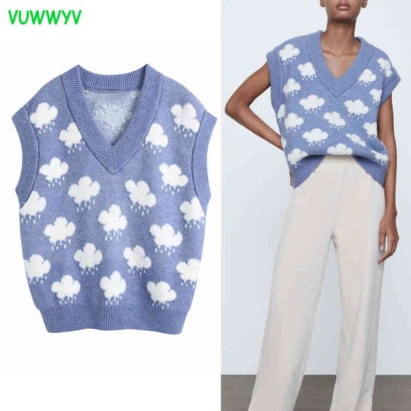 

blue jacquard knitted vest sweater women cloud print oversized ribbed woman sweaters spring sleeveless waistcoat female 210430, Black;white