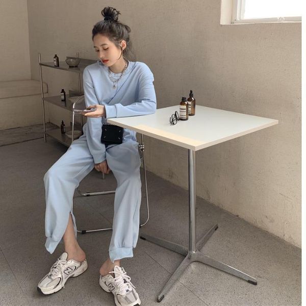 

women's two piece pants korean spring tracksuit women long sleeve high waist solid casual workout cotton ensemble femme sets de50ctz um, White