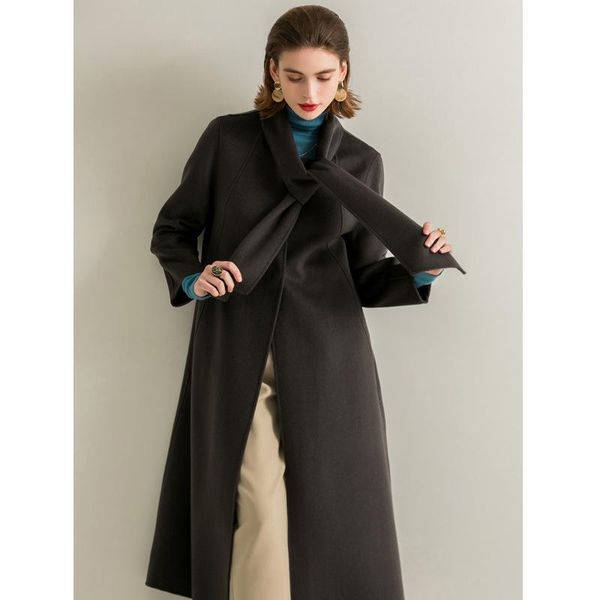 

women's wool & blends elegant long coat dark grey scarf trim fashion outerwear ladies double sided cashmere overcoat autumn winter 2021, Black