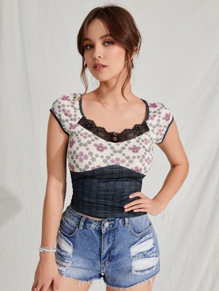 

floral print eyelash lace trim raglan sleeve tee 51se#, White