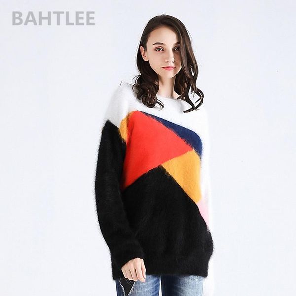

women's sweaters autumn winter angora knitted pullovers sweater long sleeve o-neck keep warm polychromatic patchwork, White;black