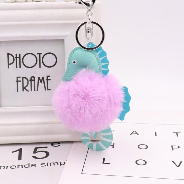 

keychains fashion faux fluffy puff ball lovely leather seahorse pompom keychain car key chain ring women handbag pom jewelry, Silver